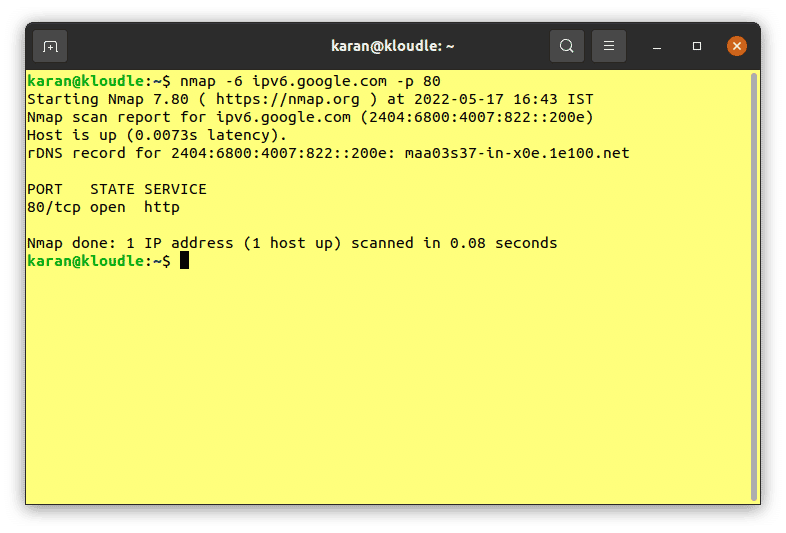 Scanning IPv6 Nmap example