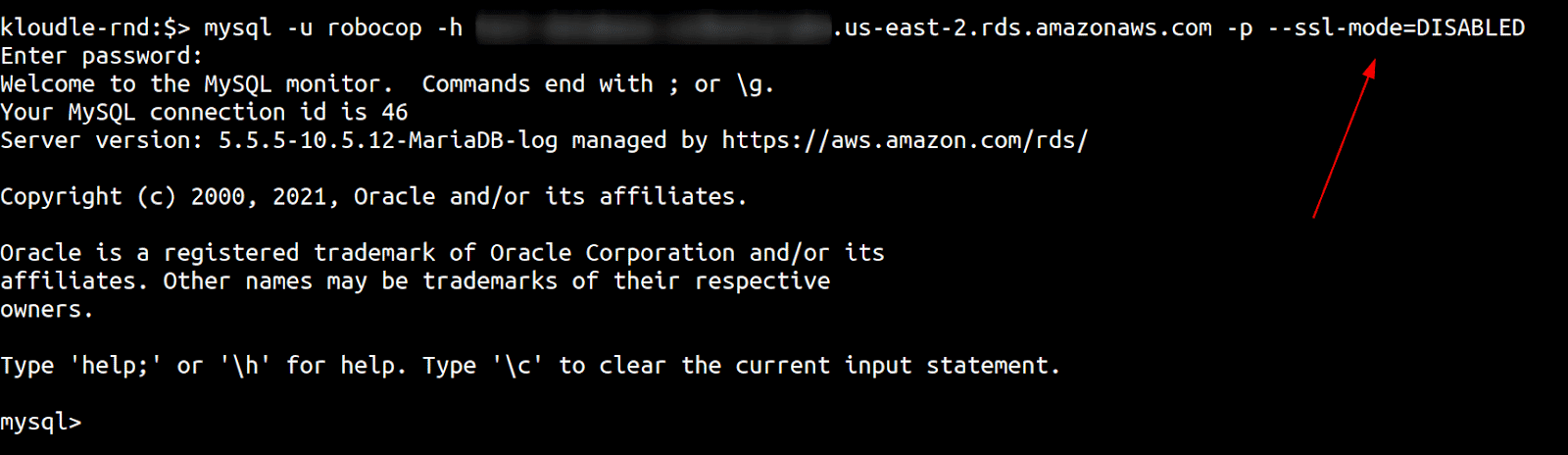 mysql client connecting to RDS over an uncrypted transport layer with ssl-mode disabled