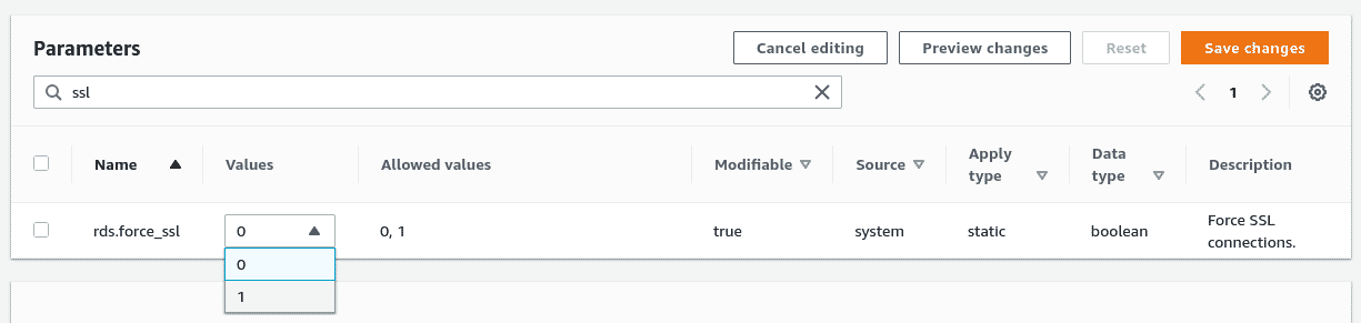 Changing the RDS transport layer security parameter