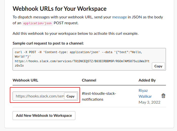 Copy the Webhook URL