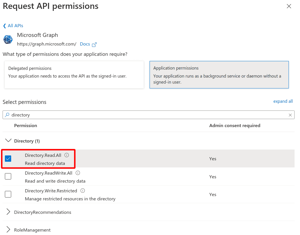 Select Azure AD Graph permissions
